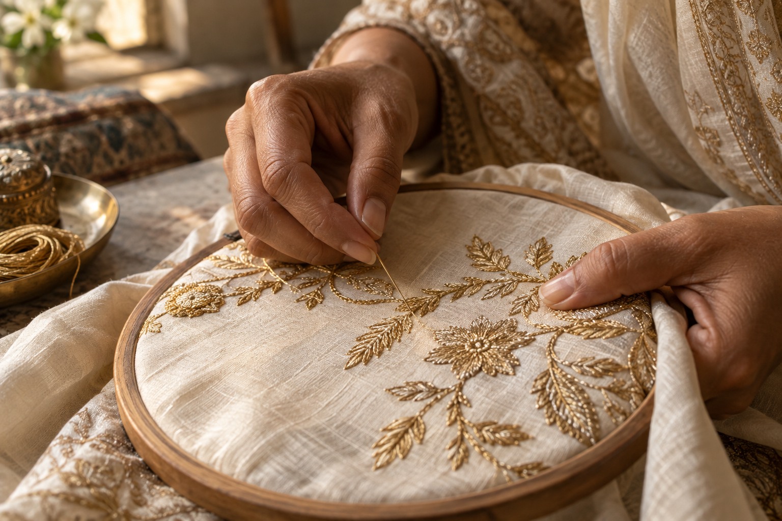 Gold embroidery being worked by hand on ivory silk