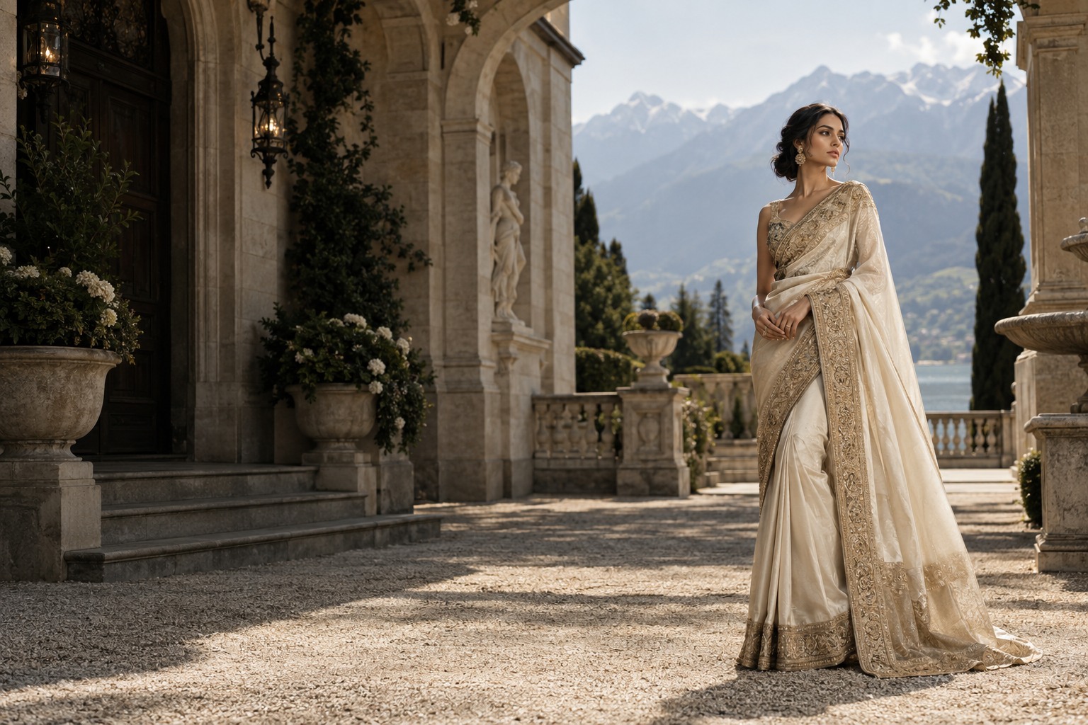 Ivory silk sari with gold embroidery in an alpine villa courtyard