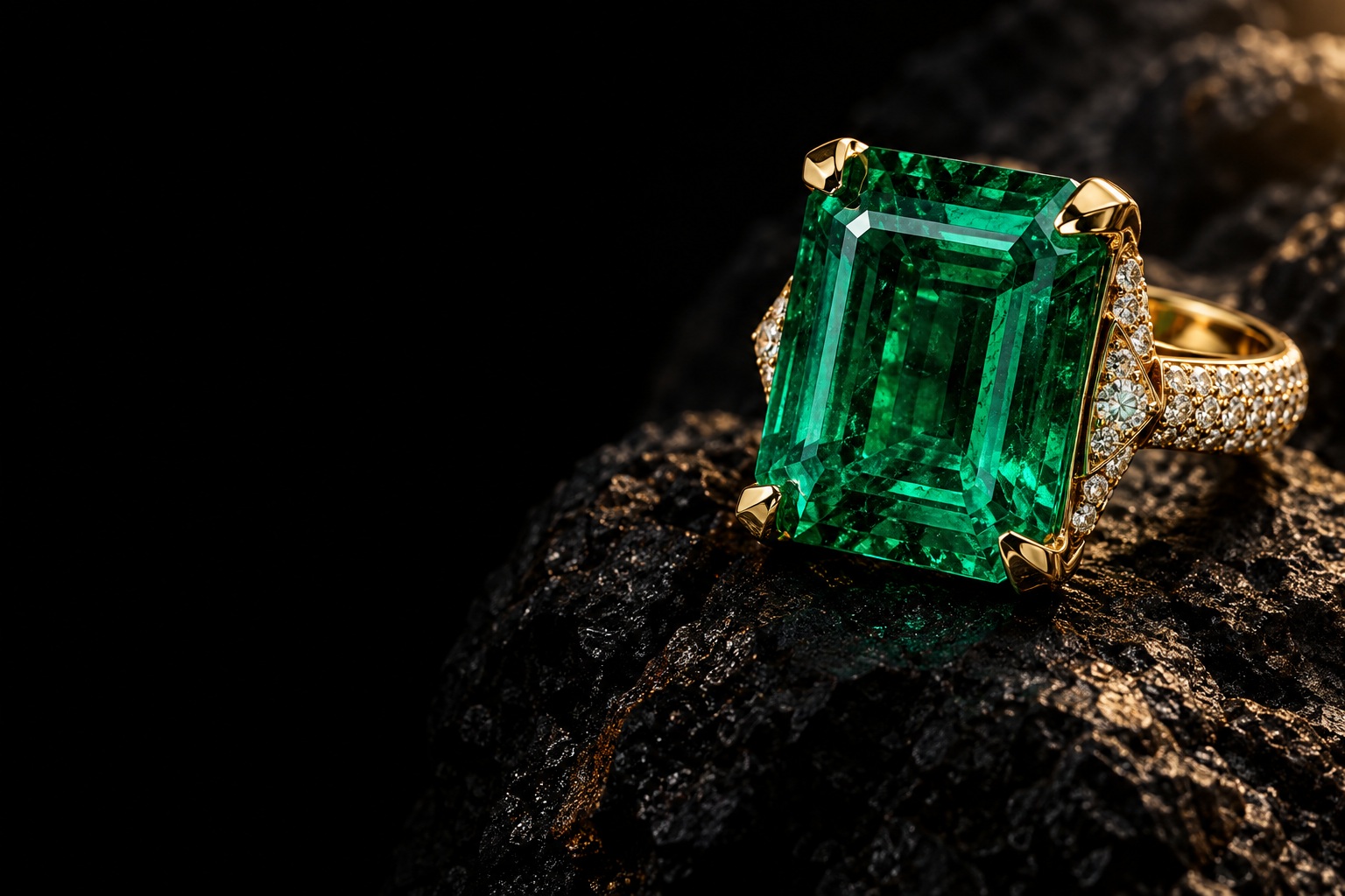 Emerald and diamond ring on dark mineral stone
