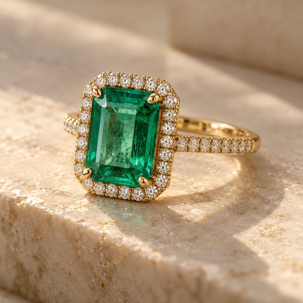 Emerald and diamond ring in a gold setting