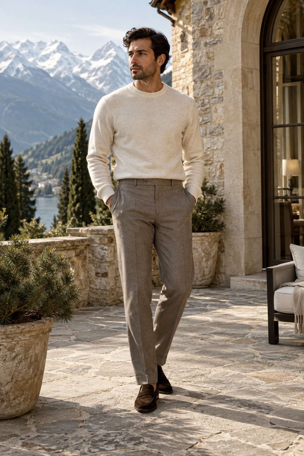 Cream knitwear with tailored wool trousers